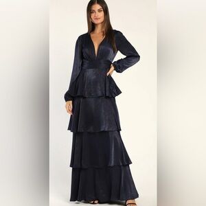 Lulus Large Tier For Love Navy Blue Satin Long Sleeve Tiered Maxi Dress